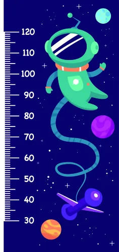 A green cartoon astronaut floats in space next to colourful planets, with numbered height markers along the left edge from 30 to 120 centimetres.