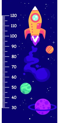 A height chart featuring a bright yellow and orange rocket ship surrounded by colourful planets against a dark blue starry background, with measurement markings from 30 to 120 centimetres along the left edge.