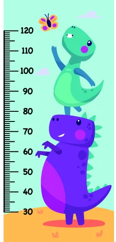 A whimsical illustration of three stacked dinosaurs in bright colours standing against a height measurement scale from 30 to 120 centimetres, with a small flower above them on a pale blue background.