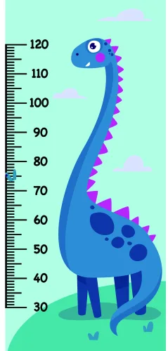 A cartoon dinosaur with a long neck and purple spikes stands beside a numbered height measurement scale from 30 to 120 centimetres against a mint green background.