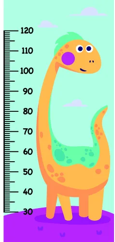 A cartoon illustration of a smiling orange dinosaur with a long neck, standing upright with a height measurement scale marked from 30 to 120 centimetres, set against a pastel turquoise background with purple ground and soft pink clouds.