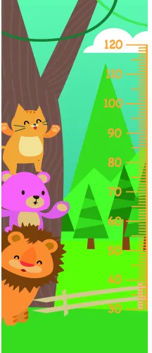 A cartoon height chart featuring a stacked yellow cat, pink bear, and orange lion climbing a tree trunk, with numbered height measurements from 0 to 120 against a bright green forest background.