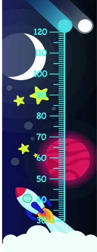 A vertical height chart featuring a rocket ship launching upward through a dark blue starry sky, passing a glowing moon and pink planet, with yellow stars scattered throughout and measurement markings from 50 to 120 centimetres.