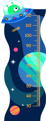 A vertical height chart featuring a turquoise UFO at the top, planets and stars scattered across a wavy navy background, with gold measurement markings from 30 to 120 centimetres.