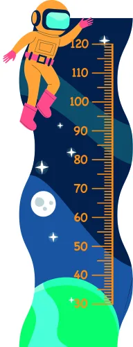 A height chart showing an orange astronaut in a spacesuit floating upward past measurement markings from 40 to 120 centimetres, with a starry navy background, white stars, a glowing moon, and a bright green planet at the bottom.