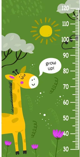 A smiling yellow giraffe stands beside a numbered height chart on a green background, surrounded by clouds, a sun, and purple flowers, with a speech bubble saying 'grow up'.