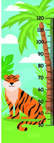 A cartoon tiger with orange and black stripes sits beside a height measurement scale marked from 30 to 120 centimetres, with green palm fronds and white clouds in a turquoise sky above.