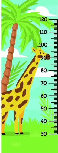Illustration of a yellow giraffe with orange spots standing upright beside a numbered height chart scale from 30 to 120, with a palm tree behind it against a teal sky and green grass.