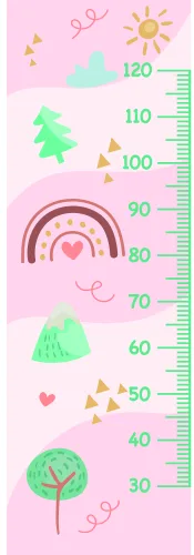 A vertical growth chart with a pale pink background featuring a purple rainbow with a heart, a smiling sun, green trees, and scattered decorative elements in soft colours.