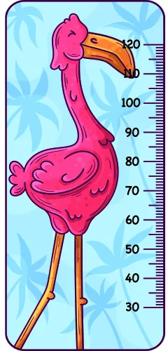 A bright pink cartoon flamingo with an orange beak holds a measurement ruler along its thin orange legs against a light blue background with white flower shapes.