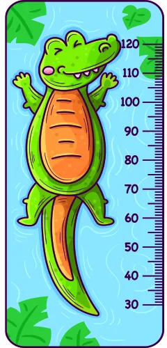 A cartoon crocodile with outstretched arms and a wide smile stretches vertically against a blue sky background with green foliage, featuring measurement markings from 30 to 120 centimetres along its body.