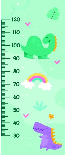 A height chart illustration showing a green turtle and two smiling dinosaurs in green and purple, with a rainbow and hearts against a mint-green background.