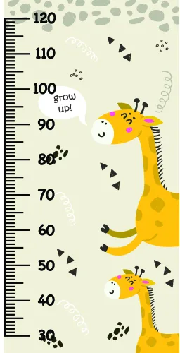 A height chart illustration showing two smiling yellow giraffes with striped necks positioned against a cream background with a measurement scale from 30 to 120 centimetres, adorned with small black triangles and dots.