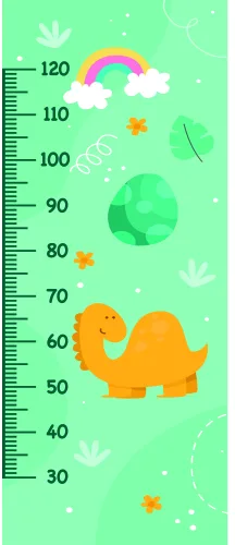 A mint-green height chart with a large orange elephant, pink rainbow, white clouds, and small gold stars, marked with measurements from 30 to 120 centimetres.