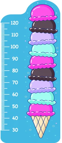 A height measurement chart depicting stacked ice cream cones in alternating bright colours from pink to purple to teal, with a measurement scale from 30 to 120 centimetres on the left side.