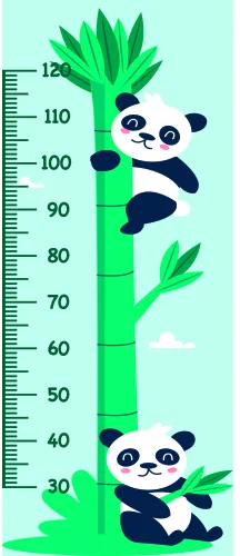 A height chart illustration showing two black and white pandas playing among green bamboo leaves against a pale turquoise background, with measurement markings from 30 to 120 centimetres running vertically.