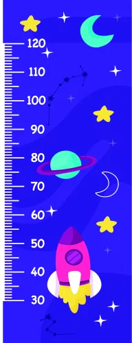 A height chart featuring a yellow rocket ship, coloured planets, stars and moons scattered across a bright blue background with measurement markings from 30 to 120 centimetres.