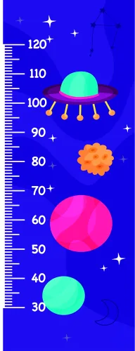A height chart on a deep blue background featuring a cute UFO with tentacles, four colourful planets of varying sizes, and white stars, marked with measurement lines from 30 to 120 centimetres.