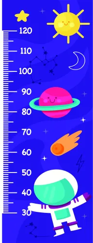 A bright blue height chart illustration featuring a smiling astronaut in a space helmet, colourful planets, a sun, moon and stars arranged vertically with numbered measurement markers from 30 to 120 centimetres.