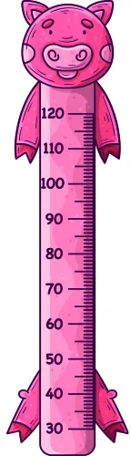 A cartoon pink pig with a smiling face, featuring a vertical measurement scale from 30 to 120 centimetres marked along its body.