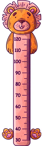 A cartoon orange lion with a pink mane stands next to a pink and purple height chart marked from 30 to 120 centimetres, with small lion faces at top and bottom.