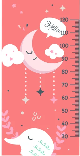 A coral pink height chart showing a sleeping crescent moon with closed eyes, surrounded by fluffy white clouds and scattered stars, with a measurement ruler from 30 to 120 centimetres along the right edge.