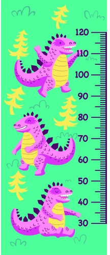 A height chart featuring three stacked hot pink and yellow dinosaurs with purple spikes against a bright green background with yellow trees and a measurement scale from 30 to 120 centimetres.