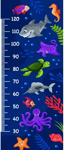 A navy background filled with brightly coloured illustrated sea creatures including fish, seahorses, octopuses and turtles arranged around a vertical height measurement scale.