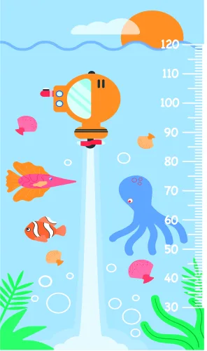 A colourful illustrated height chart featuring an octopus, tropical fish, sea plants, and a hot air balloon against a light blue background with measurement markings from 30 to 120 centimetres.