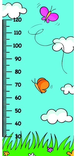 A turquoise height chart marked from 30 to 120 centimetres, decorated with white fluffy clouds, a bright pink butterfly, an orange bird, and green grass at the bottom.