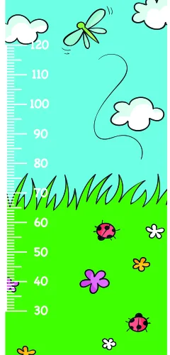 A pastel teal and bright green height chart featuring clouds and a kite at the top, grass and flowering plants with ladybirds at the bottom, numbered from 30 to 110 centimetres.