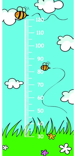 A height chart illustration showing two yellow and black striped bees flying among white clouds on a teal background, with a measurement scale running down the centre and green grass with pink and white flowers at the base.