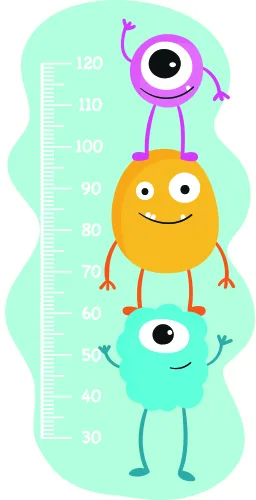 A pastel turquoise height chart with three stacked cartoon creatures - a purple monster on top with raised arms, a smiling yellow character in the middle, and a teal character at the bottom, with measurement markings from 30 to 120 centimetres.