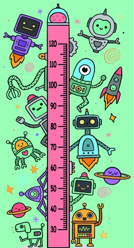 A vertical height measurement chart with colourful cartoon robots, rockets, and alien characters arranged around a pink measuring scale from 30 to 120 centimetres on a lime green background.