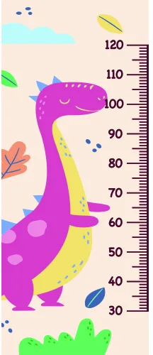 A bright purple dinosaur with a yellow belly and tail stands next to a height measurement scale marked from 0 to 120 centimetres, surrounded by small decorative elements including green leaves, blue raindrops, and pink botanical details.