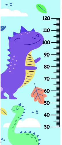 A brightly coloured height measurement chart showing a large purple dinosaur and smaller green dinosaur with yellow markings, surrounded by clouds and a green rocket, with a measurement scale from 30 to 120 centimetres.