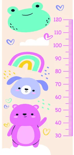 A whimsical height chart with a mint-green frog at the top, a white cloud, a pastel rainbow, a blue puppy, and a pink bear at the bottom, all arranged vertically with measurement markings from 30 to 120cm on a cream background decorated with small hearts.