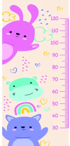 A colourful height chart with cartoon animals stacked vertically, a purple bunny at top, a teal whale, a purple cat, and decorative hearts and dots, with measurement markings from 60 to 120 centimetres.