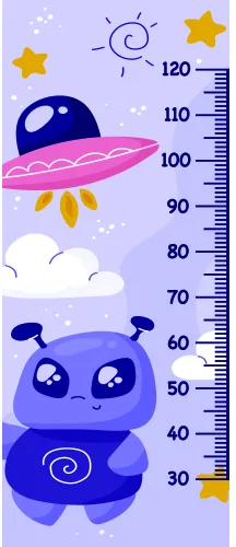 A height chart illustration showing a smiling blue alien character inside a pink and purple spaceship against a lavender sky with golden stars, puffy clouds and a spiral sun.