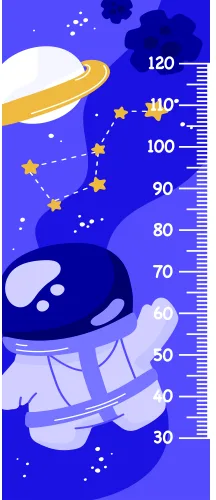 A smiling astronaut in a purple suit rides a golden rocket past Saturn and scattered stars on a deep blue background with a height measurement scale from 0 to 120 centimetres on the right side.