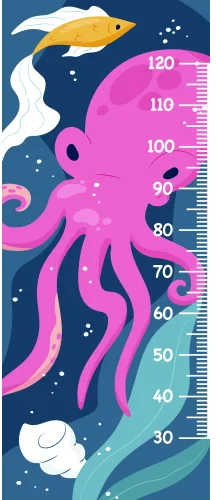A height chart illustration featuring a pink octopus with curling tentacles, a golden fish, white clouds, and measurement markings from 30 to 120 centimetres against a dark blue background with stars.