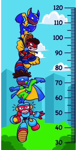 A vertical height chart featuring five stacked cartoon robots in bright blue, yellow and red, with a measurement scale from 30 to 120 centimetres.