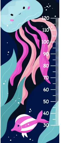 A height chart featuring a smiling light blue alien with long flowing pink hair, stars, and a small pink UFO against a dark navy space background with measurement markings.