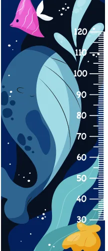 Illustration of a large blue whale with smaller fish and coral against a navy starry background, with a height measurement scale marked from 20 to 100 centimetres along the right edge.