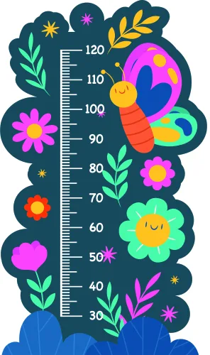 A height measurement chart decorated with a large colourful butterfly, blooming flowers, green leaves, and stars on a dark teal background.