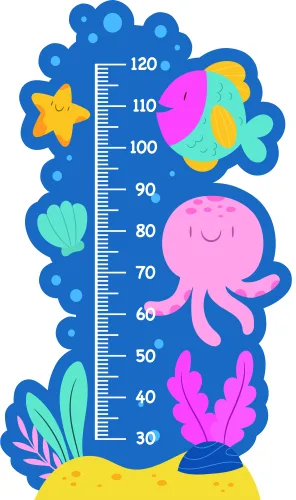 A bright blue height chart featuring a smiling pink octopus at the bottom, colourful fish and coral in the middle, and a starfish and seashells at the top, with measurement markings from 30 to 120 centimetres.