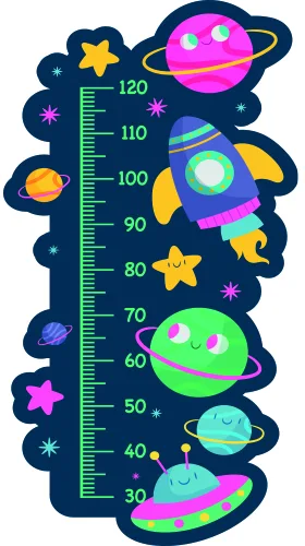 A navy-blue height chart with a green measurement scale from 30 to 120 centimetres, decorated with a bright pink planet, yellow stars, a purple rocket ship, and various colourful celestial objects.