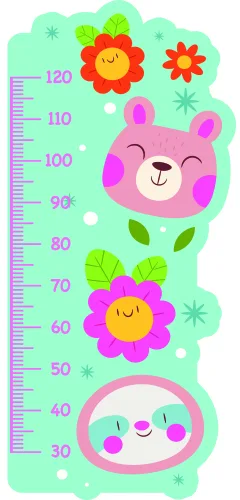 A pastel green height chart featuring a pink smiling bear face with flowers, measurement scale from 40 to 120 centimetres, and decorative floral and botanical elements throughout.