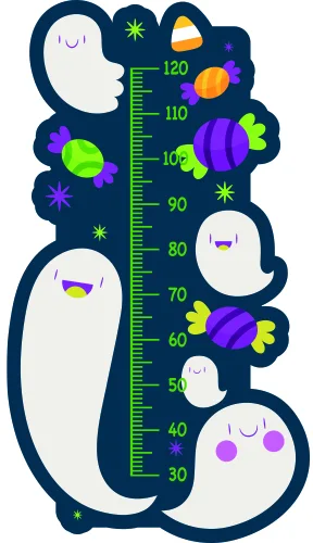 A navy height chart with four white cartoon ghosts surrounded by colourful planets, stars, and measurement markers from 30 to 130 centimetres.