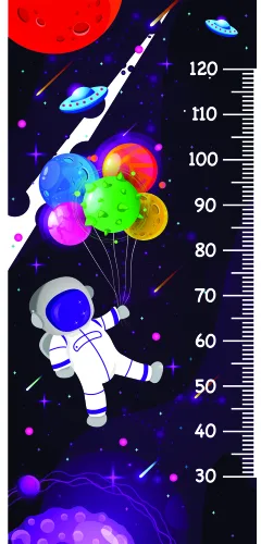 An illustrated astronaut in a white suit floats among seven glowing spheres in pink, blue, green, yellow and orange, against a dark blue starry background with a large red sun above and measurement markings along the right edge.